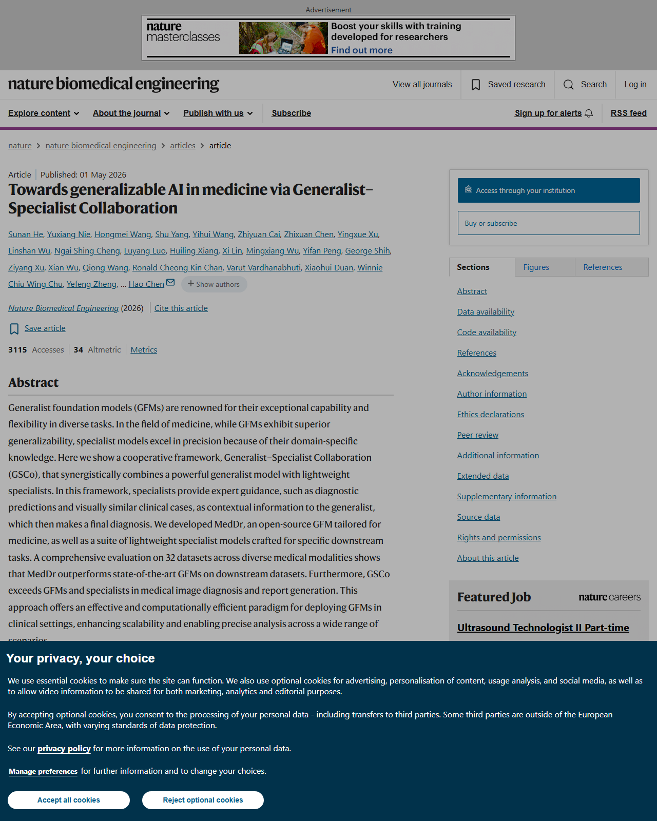 Screenshot of the Nature Biomedical Engineering paper on the GSCo generalist-specialist AI diagnosis framework