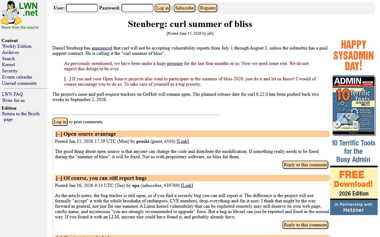 Screenshot of LWN's report on curl pausing vulnerability reports for July 2026