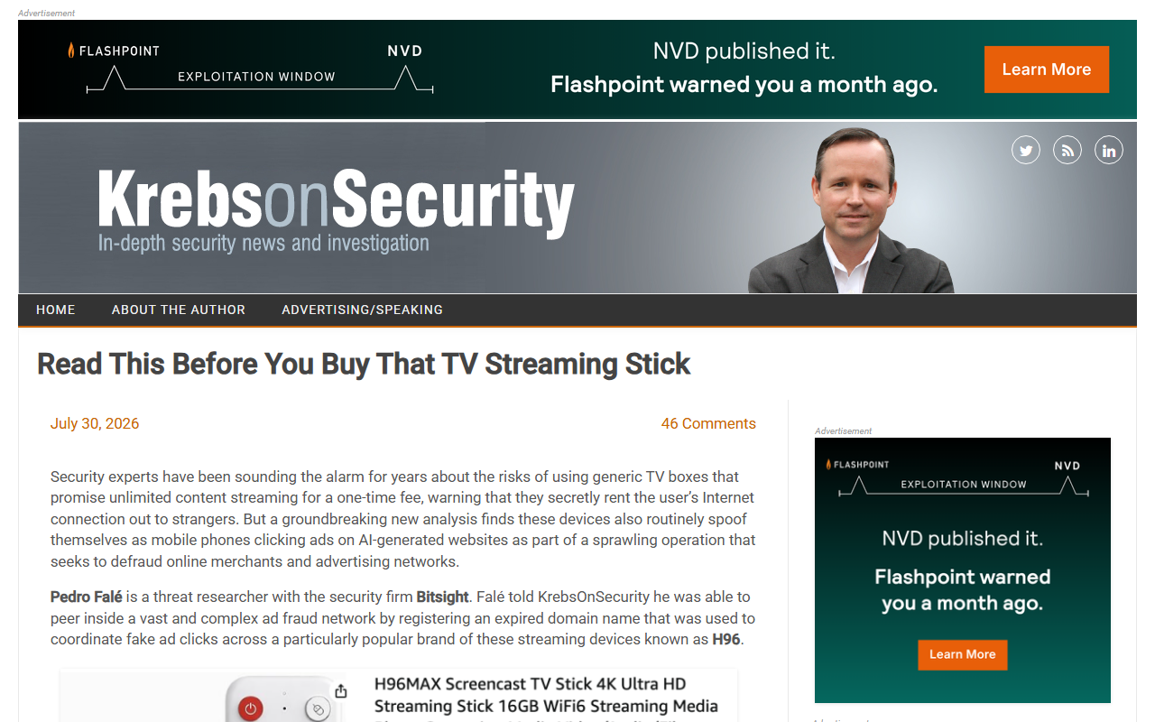 Screenshot of Brian Krebs's report on backdoored cheap Android TV streaming sticks