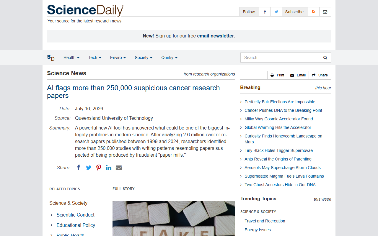 Screenshot of ScienceDaily's report on a BMJ machine-learning screen for paper-mill cancer studies