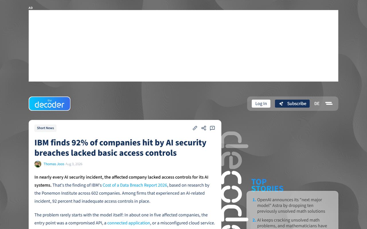Screenshot of The Decoder's August 3, 2026 report on IBM's Cost of a Data Breach 2026 finding