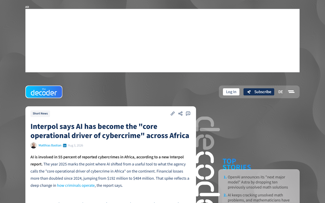 Screenshot of The Decoder's August 3, 2026 report on Interpol's African Cyberthreat Assessment 2026