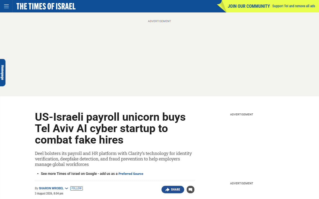Screenshot of the Times of Israel's August 3, 2026 report on Deel acquiring Clarity to fight fake hires