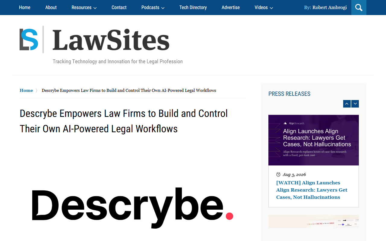 Screenshot of LawSites' July 27, 2026 report on Descrybe open-sourcing its legal-research connector