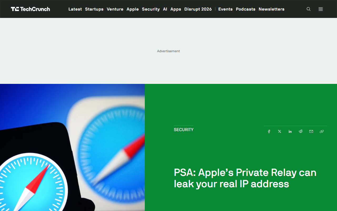 Screenshot of TechCrunch's August 5 report on Apple's iCloud Private Relay leaking users' real IP addresses