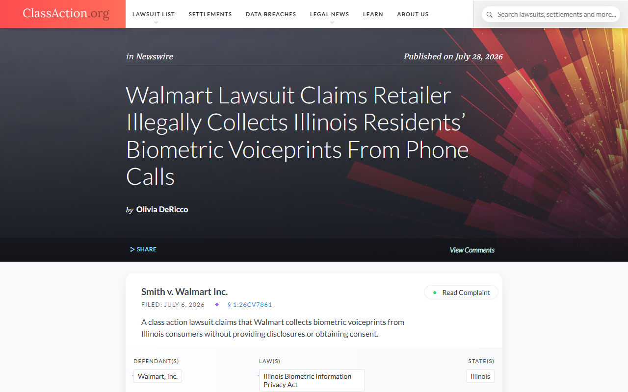 Screenshot of ClassAction.org's report on the Smith v. Walmart voiceprint biometric-privacy lawsuit in Illinois