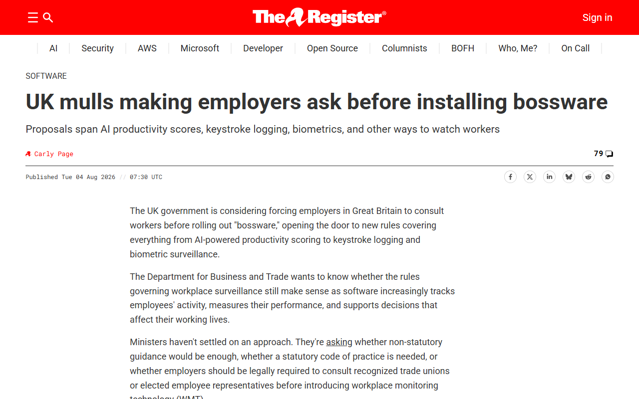 Screenshot of The Register's August 4 report on the UK weighing a rule to make employers consult staff before installing bossware
