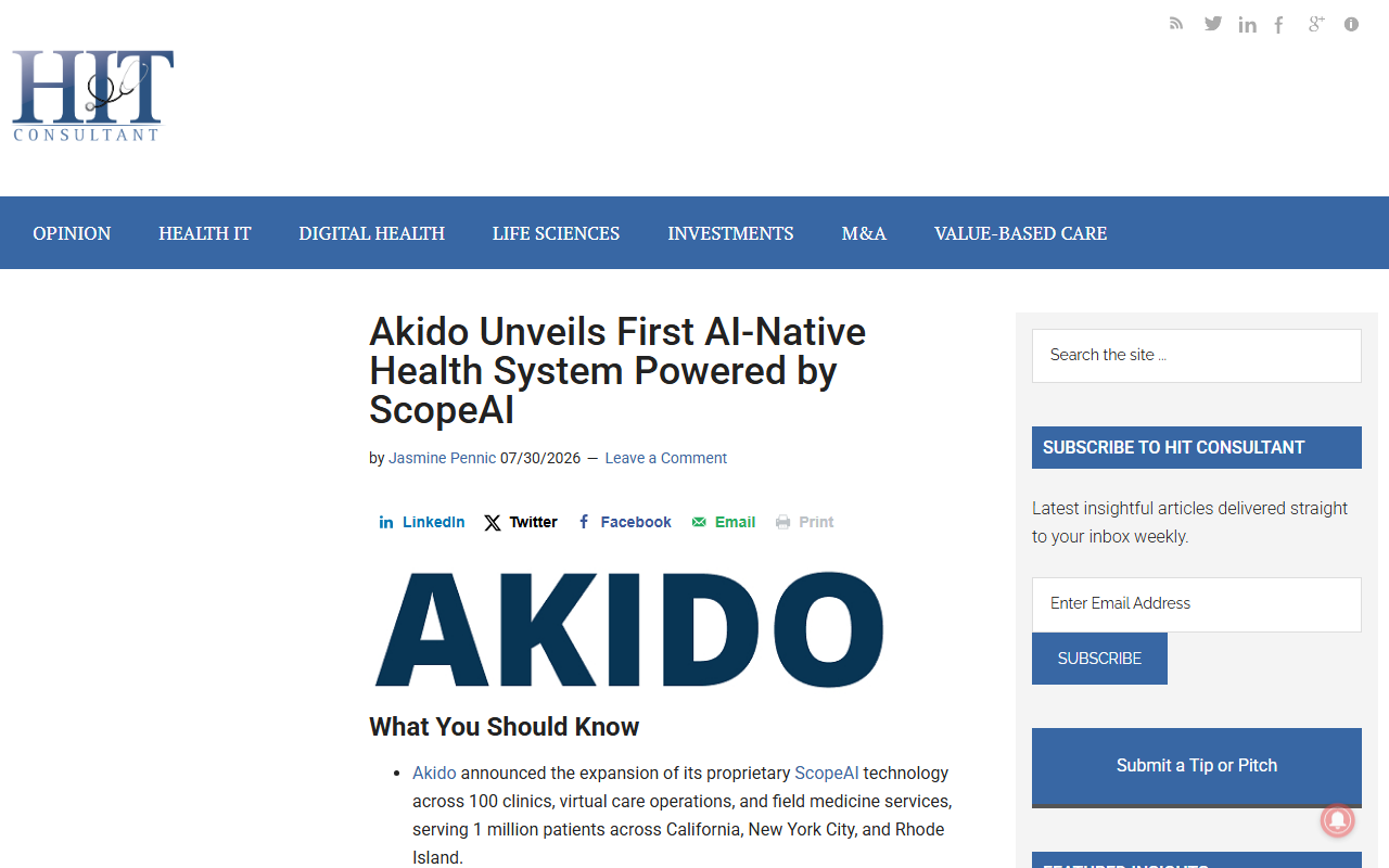 Screenshot of HIT Consultant's report on Akido launching its ScopeAI AI-native health system