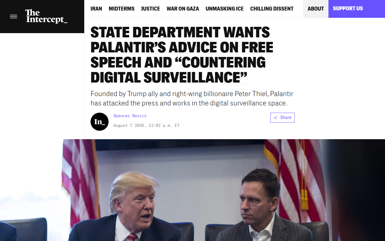 Screenshot of The Intercept's August 7 report on the State Department's Freedom Tech Excellence Program and Palantir.