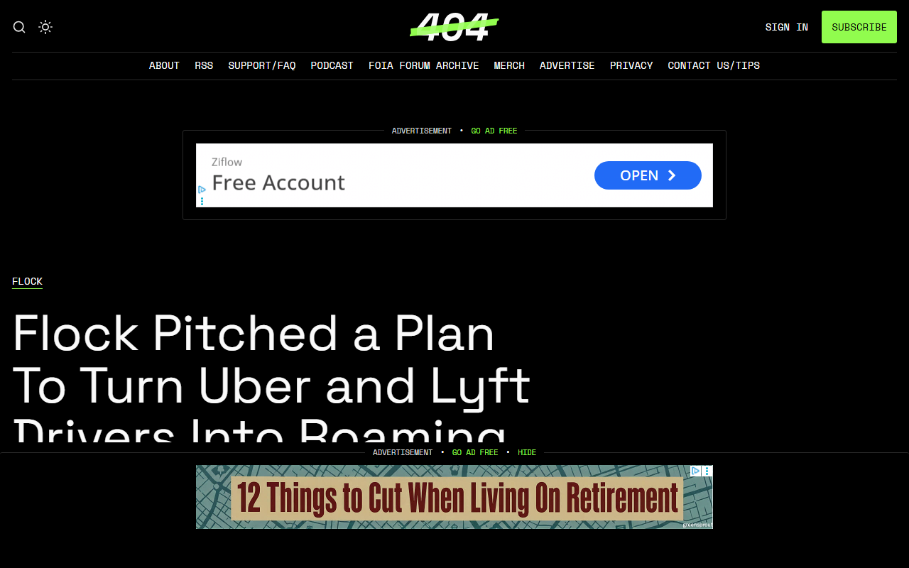Screenshot of 404 Media's August 7 report on Flock's plan to turn Uber and Lyft cars into surveillance vehicles.