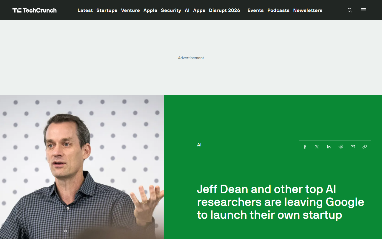 Screenshot of TechCrunch's August 5 report on Jeff Dean leaving Google to launch Discovery Loop.