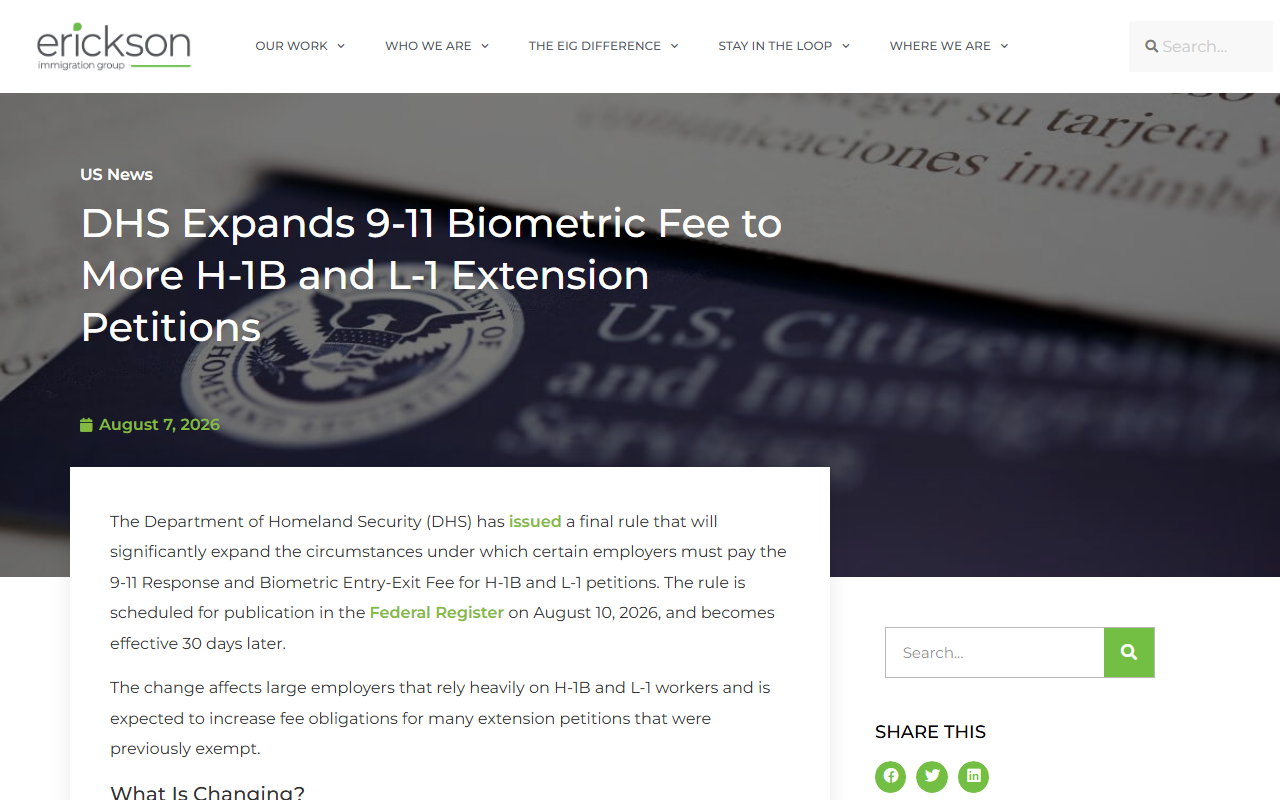 Screenshot of Erickson Immigration Group's analysis of the DHS final rule expanding the 9/11 biometric fee to H-1B and L-1 extensions