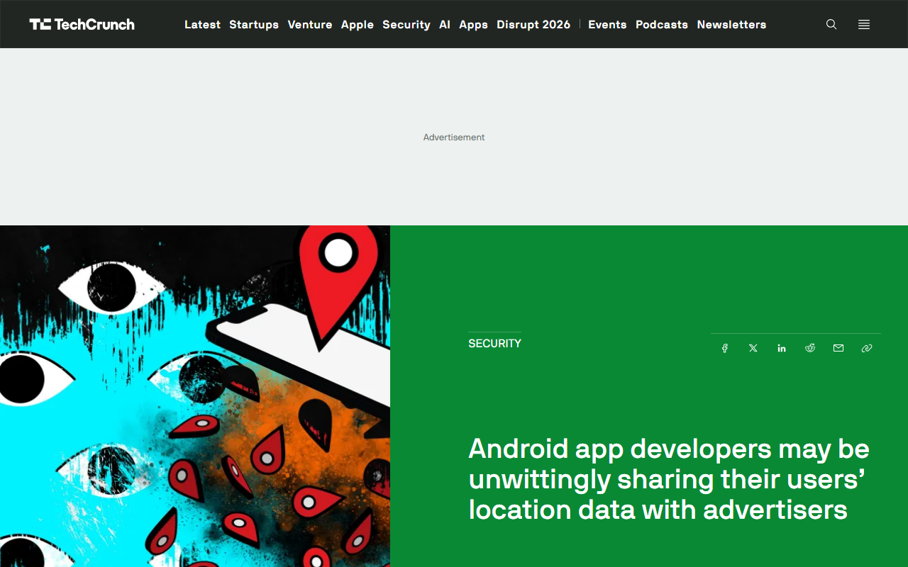 Screenshot of TechCrunch's August 4 report on the EFF finding that Android ad SDKs share users' location data