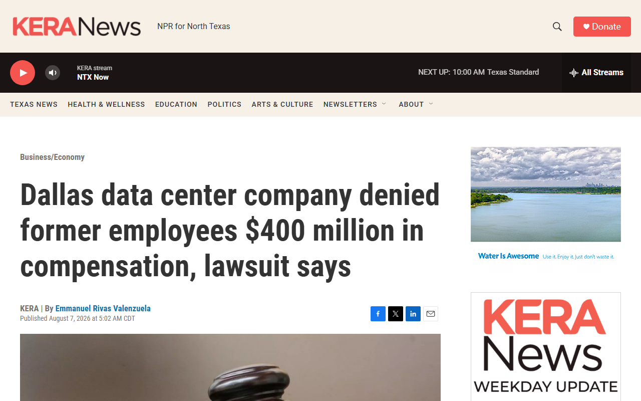 Screenshot of KERA News's August 7 report on former Prime Data Centers employees suing over phantom equity
