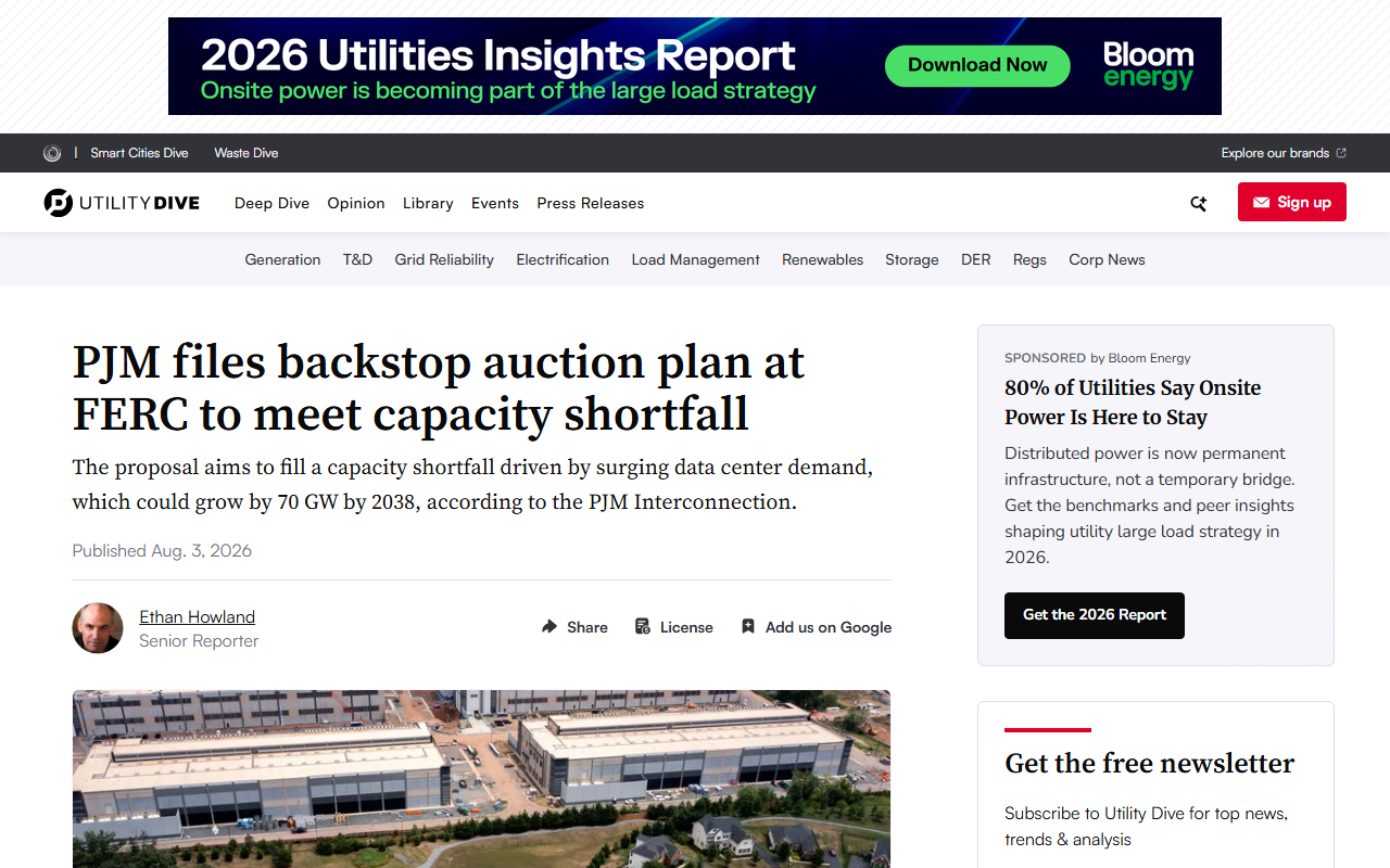 Screenshot of Utility Dive's report on PJM's two-part FERC filing to curtail data centers first and make new ones bring their own power