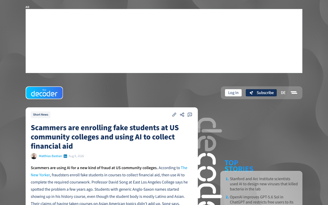 Screenshot of The Decoder's report on scammers enrolling fake students at US community colleges and using AI to collect financial aid