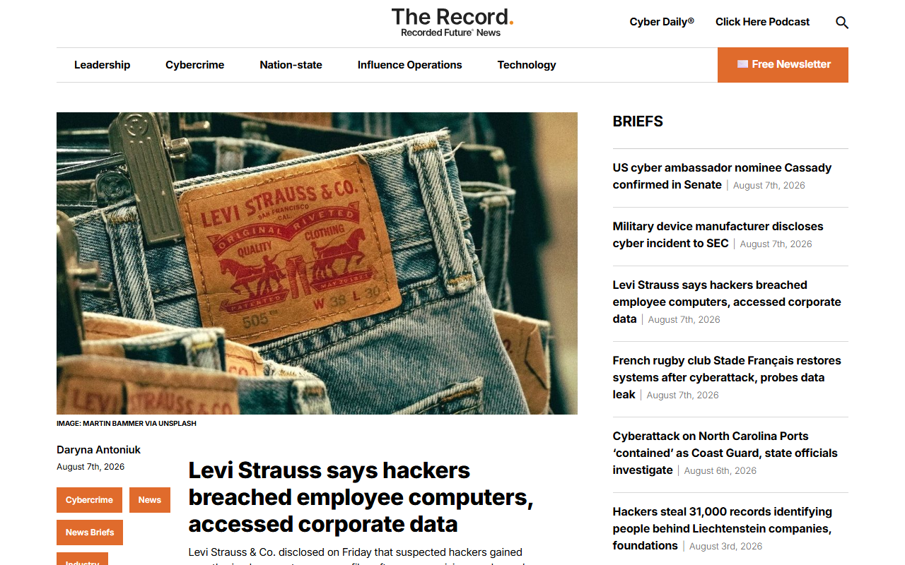 Screenshot of The Record's report on the Levi Strauss social-engineering breach disclosed in an SEC filing