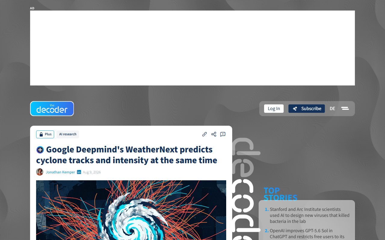 Screenshot of The Decoder's report on Google DeepMind's WeatherNext model predicting cyclone track and intensity together