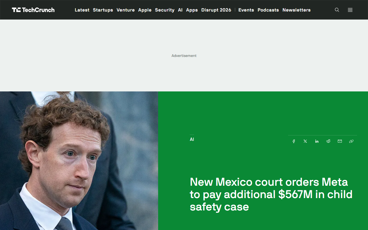 Screenshot of TechCrunch's report on the New Mexico court ordering Meta to pay $567 million in the child-safety case
