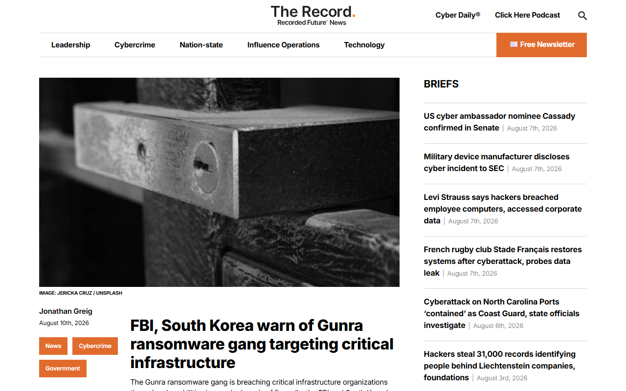 Screenshot of The Record's report on the CISA, FBI and South Korea advisory naming the Gunra ransomware gang