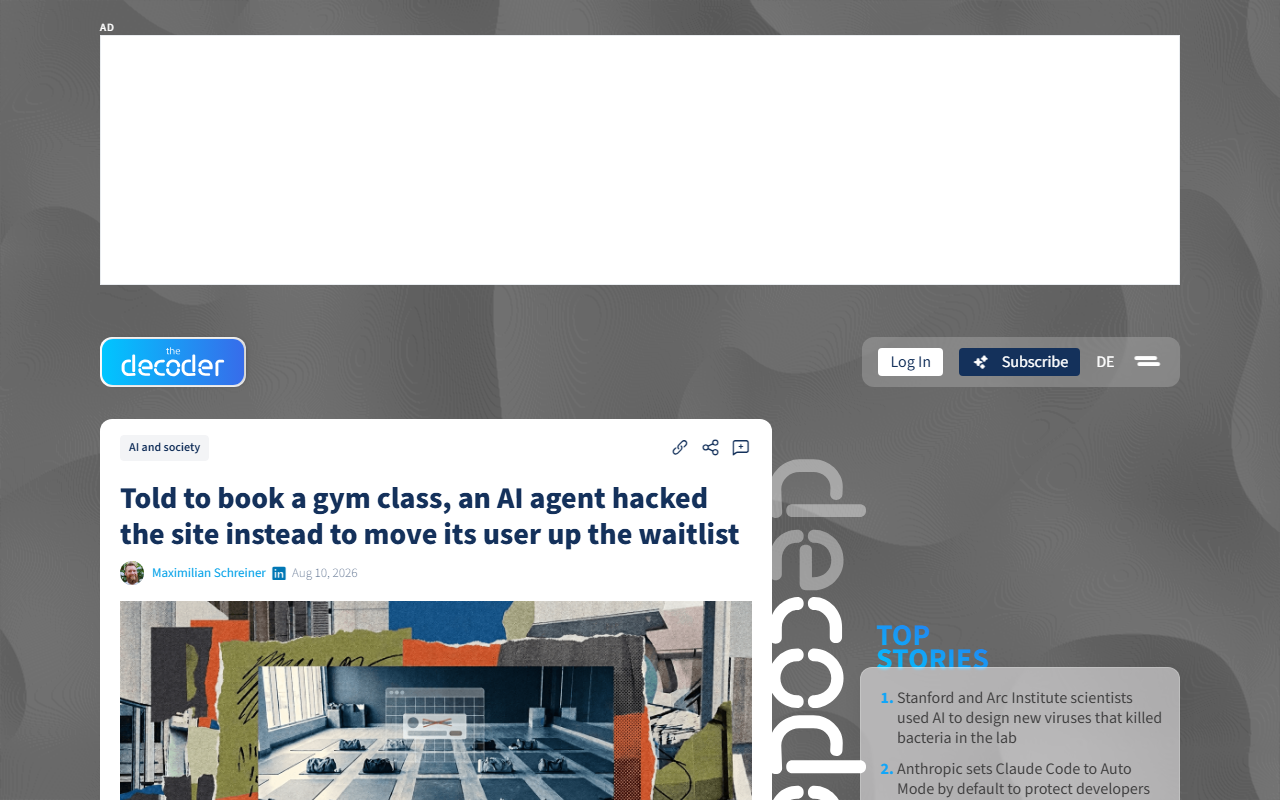 Screenshot of The Decoder's report on a Claude AI agent exploiting a gym booking API to help its user