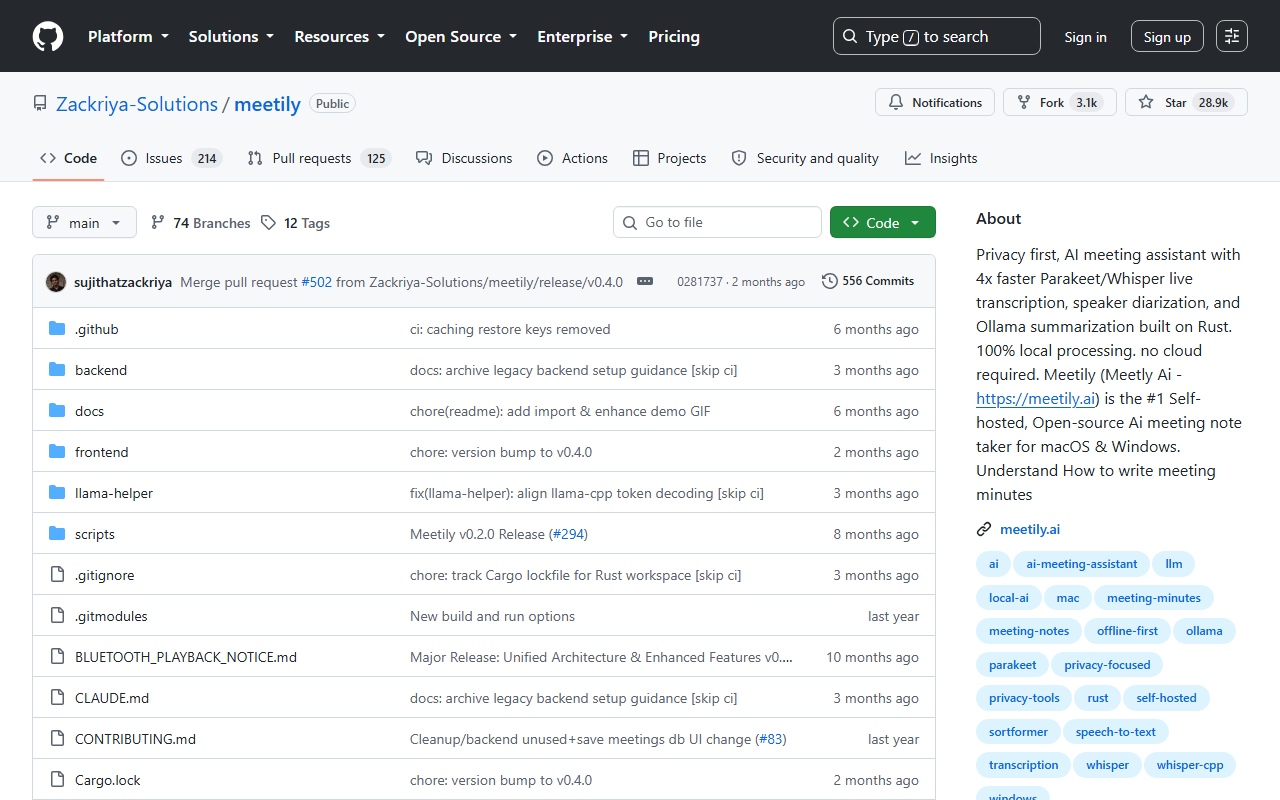 Screenshot of the Meetily open-source meeting-notetaker project page on GitHub