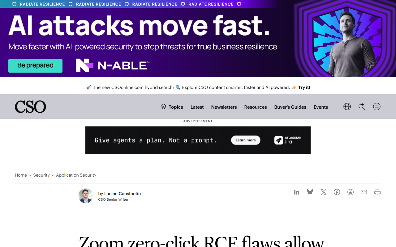 Screenshot of CSO Online's August 11, 2026 report on Zoom's zero-click annotation flaws