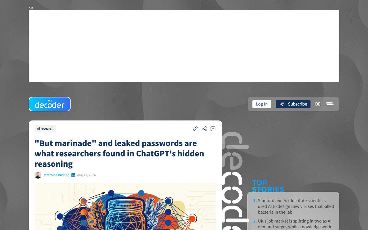 Screenshot of The Decoder's August 11, 2026 story on leaked passwords in AI reasoning