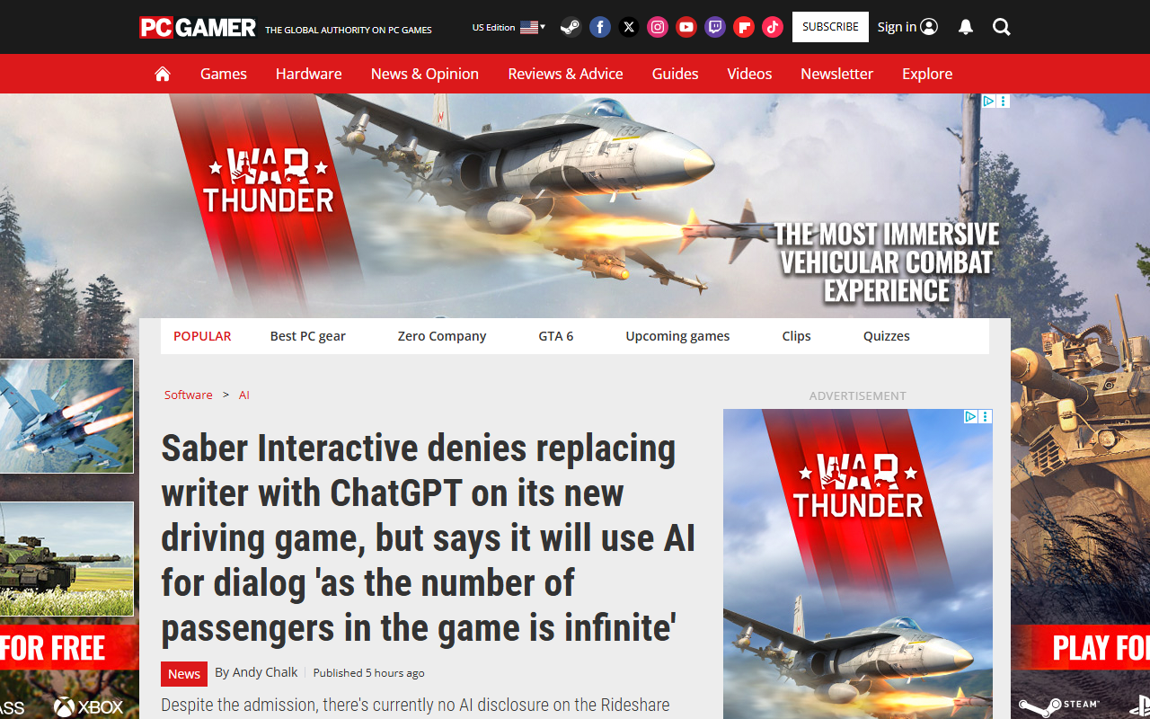 Screenshot of PC Gamer's August 11, 2026 report on Saber Interactive and ChatGPT