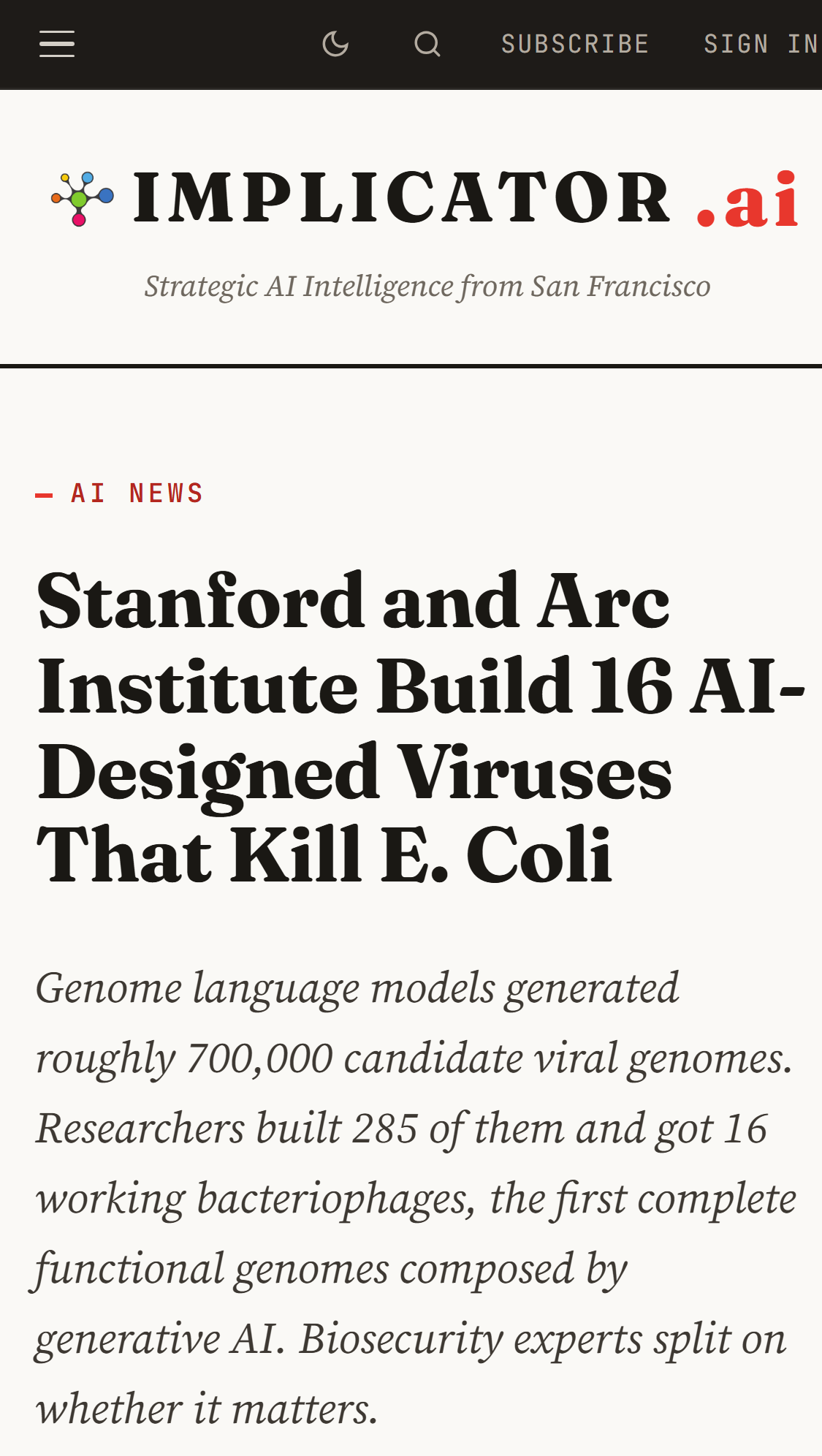 Screenshot of Medical Xpress's August 6, 2026 report on Stanford's AI-designed phages