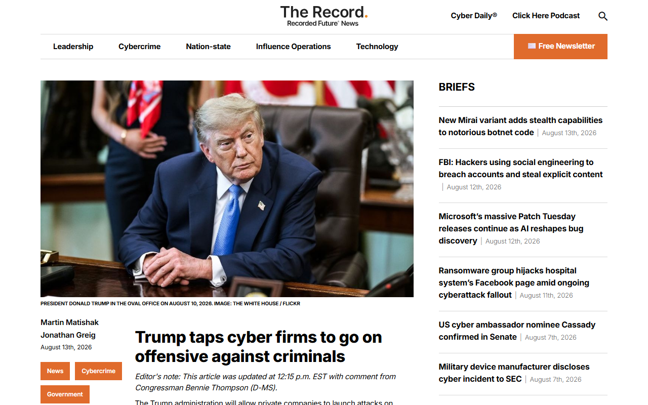 Screenshot of The Record's August 13, 2026 report on Trump tapping private cyber firms to go on the offensive