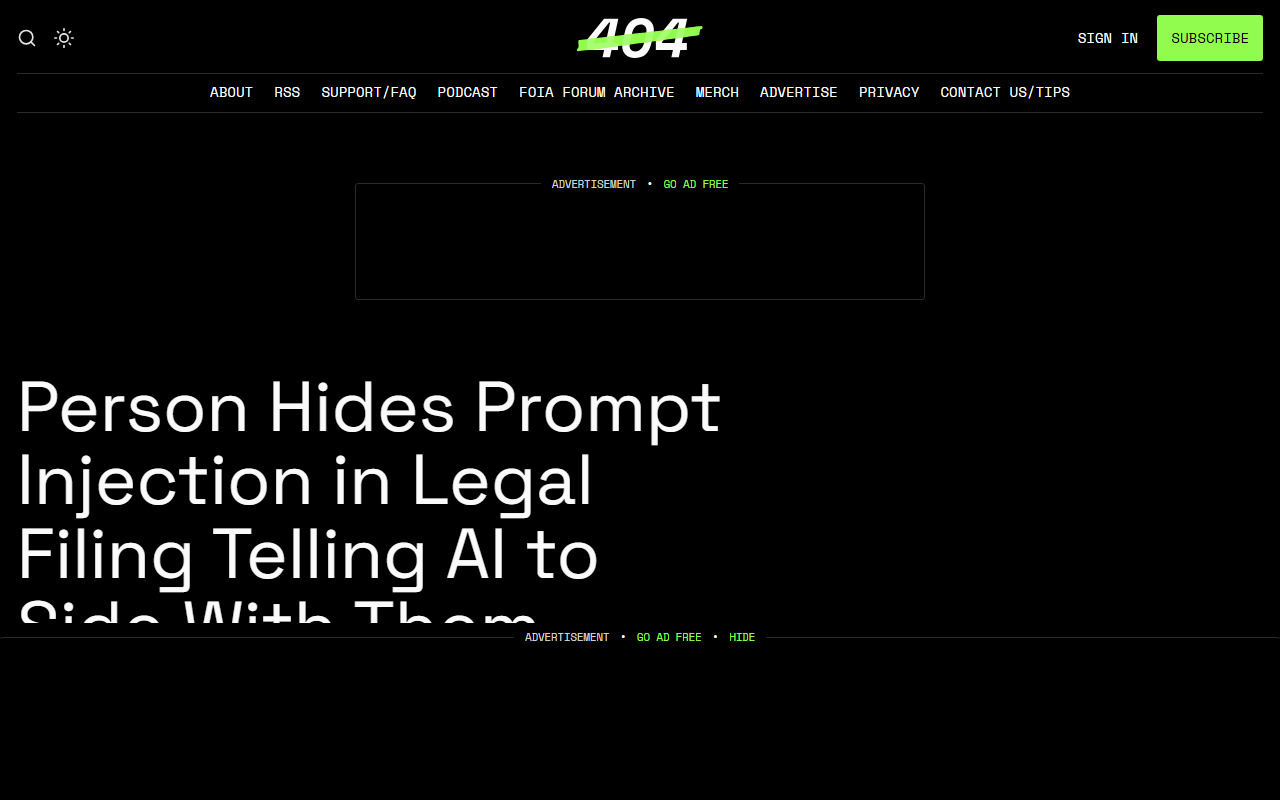 Screenshot of 404 Media's August 2026 report on a litigant hiding prompt-injection text in legal filings