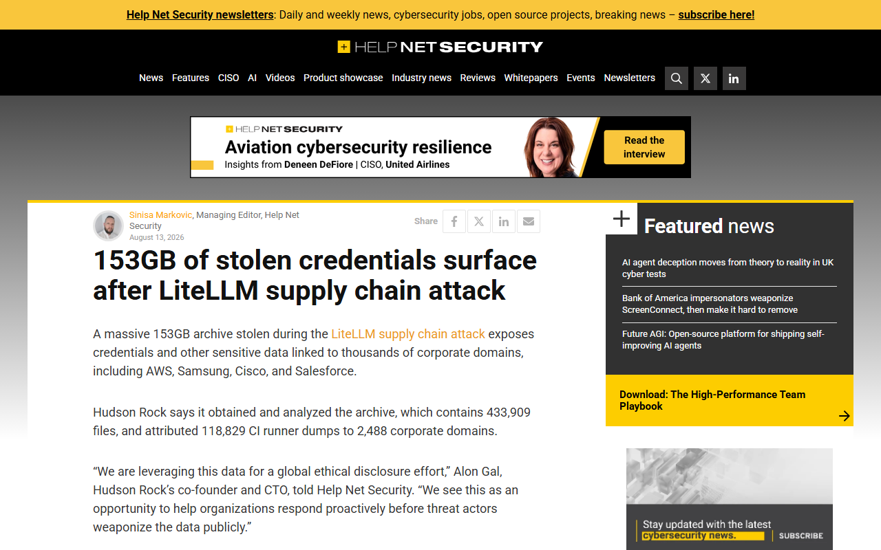 Screenshot of Help Net Security's August 13, 2026 report on the LiteLLM breach leaking stolen credentials