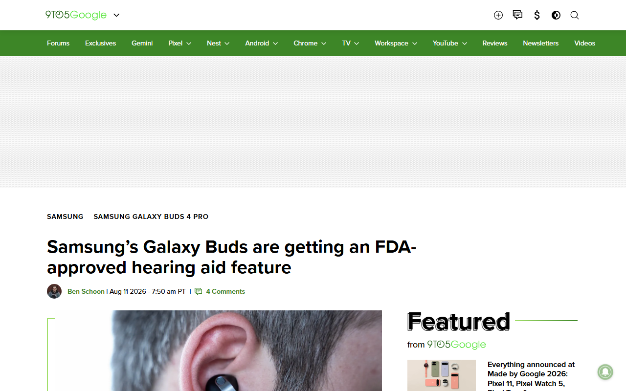 Screenshot of 9to5Google's August 11, 2026 report on Samsung's Galaxy Buds getting an FDA-approved hearing aid feature