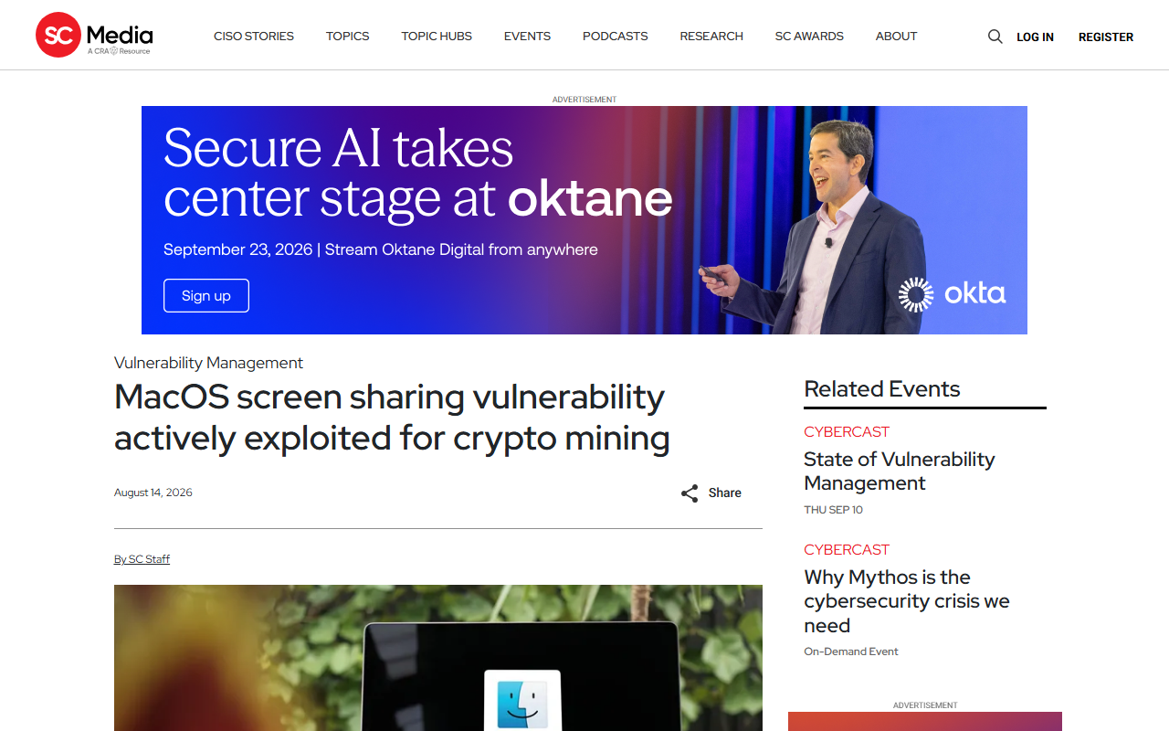 Screenshot of SC World's August 2026 report on the macOS screen-sharing flaw being actively exploited for crypto-mining