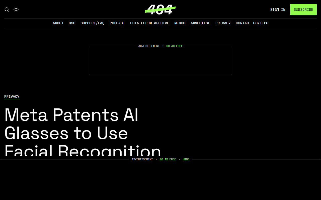 Screenshot of 404 Media's report on Meta's patent for facial-recognition AI glasses that auto-edit a highlight reel