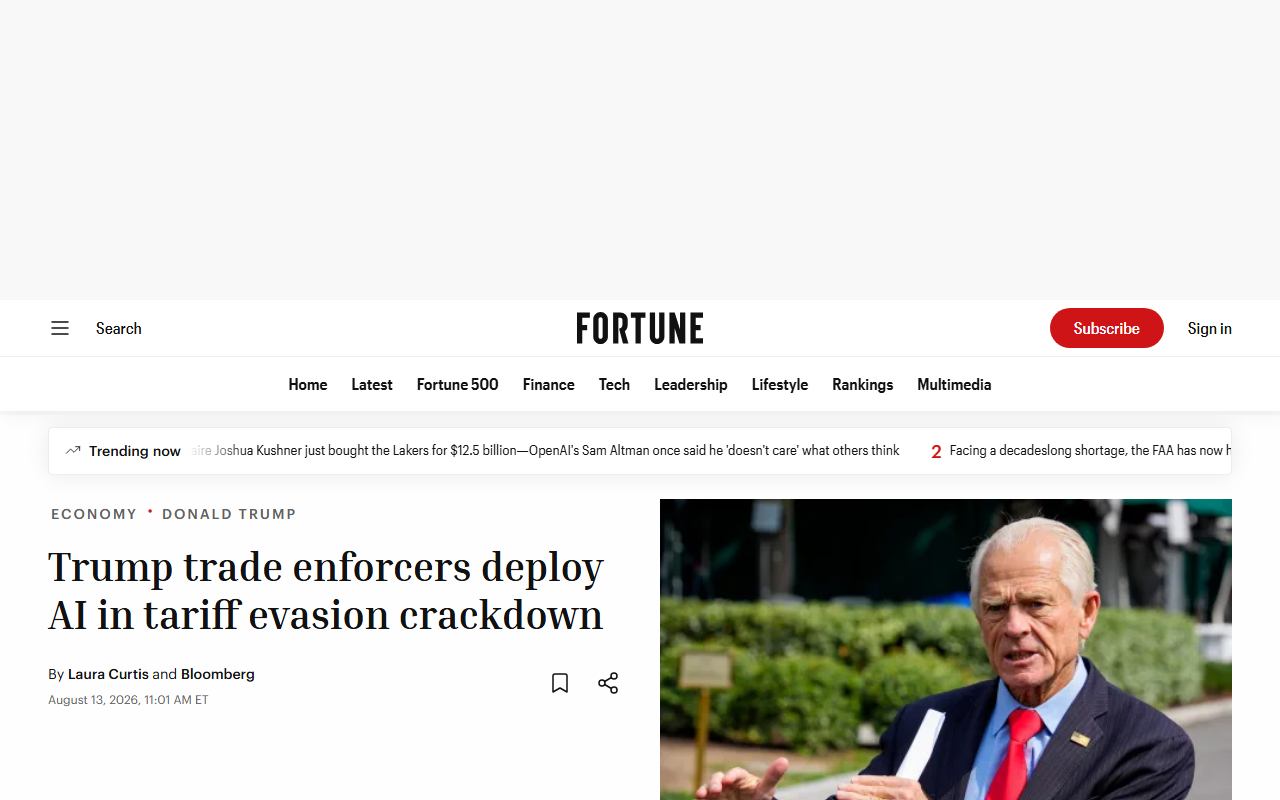 Screenshot of Fortune's August 13, 2026 report on Trump trade enforcers deploying AI in a tariff-evasion crackdown