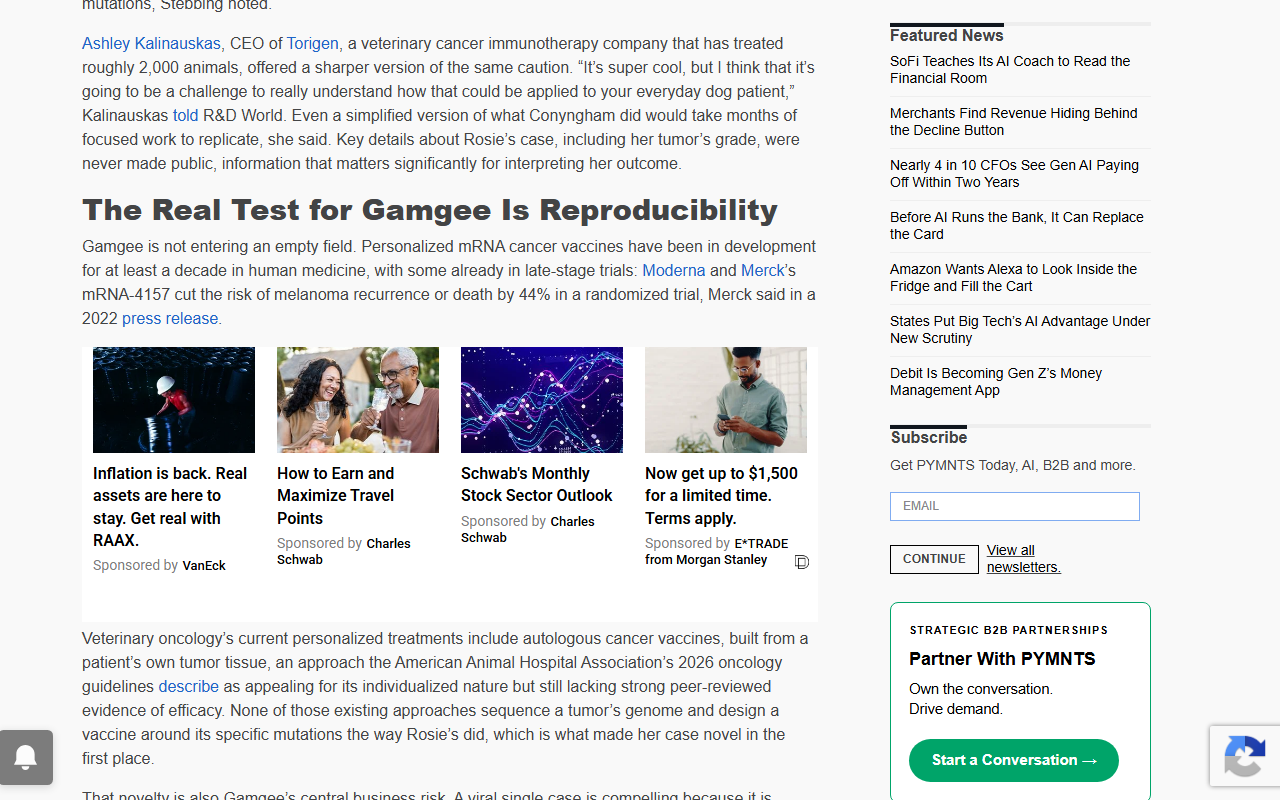 Screenshot of PYMNTS' report on one dog's ChatGPT-designed cancer vaccine becoming the startup Gamgee