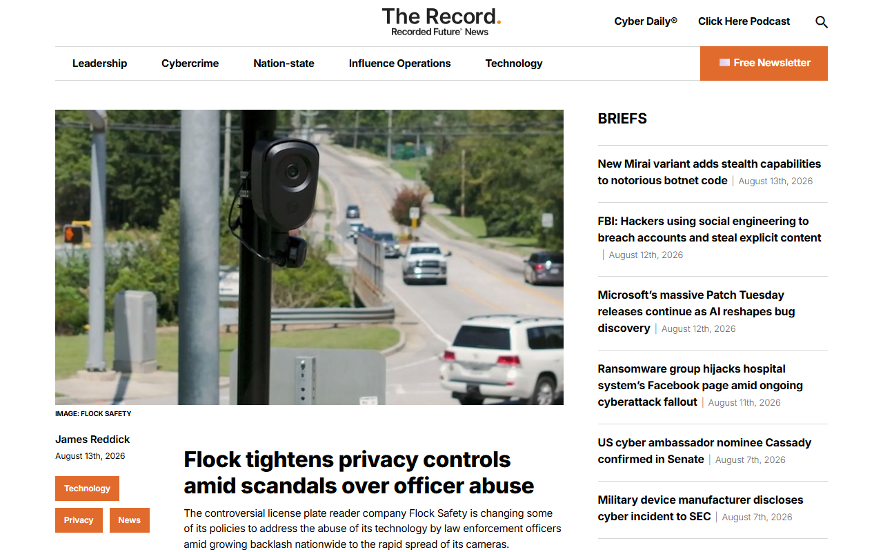 Screenshot of The Record's August 13, 2026 report on Flock making abuse audits mandatory for police departments