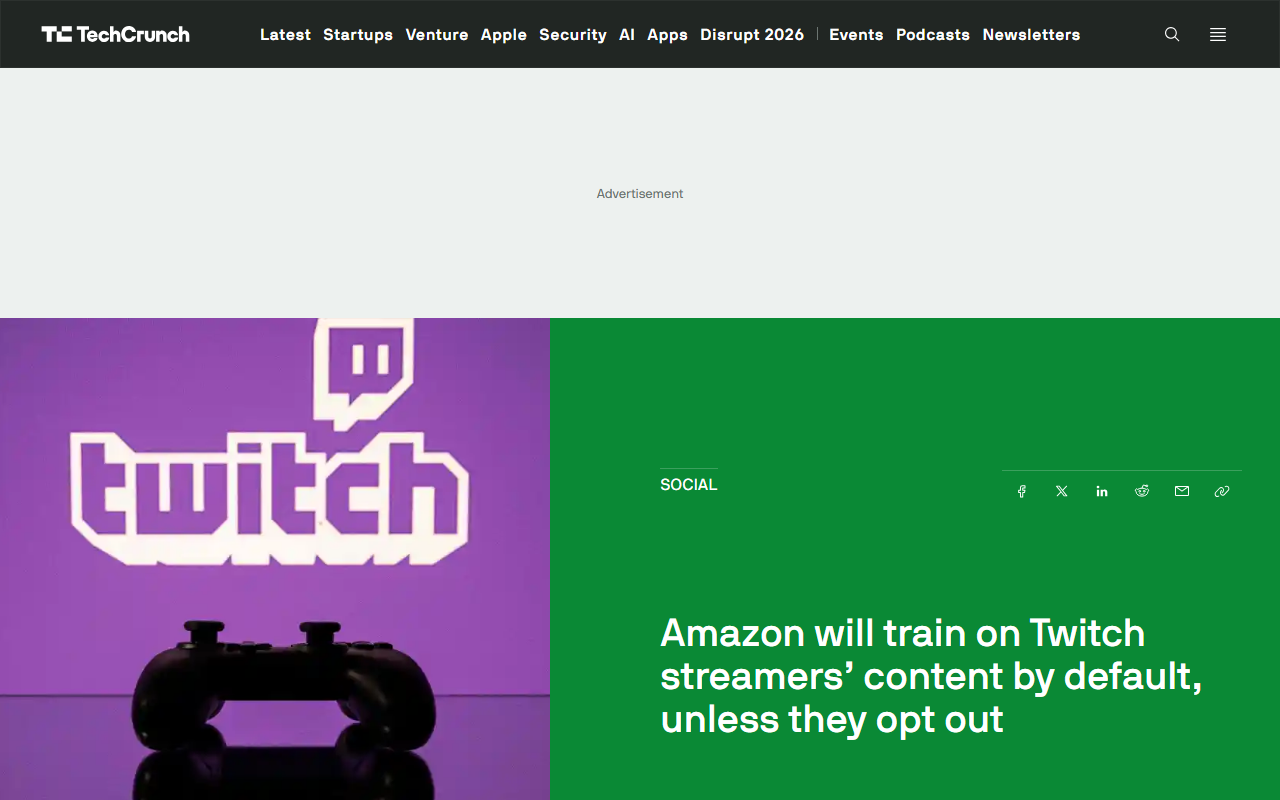 Screenshot of TechCrunch's August 12, 2026 report on Amazon training its AI on Twitch streams by default