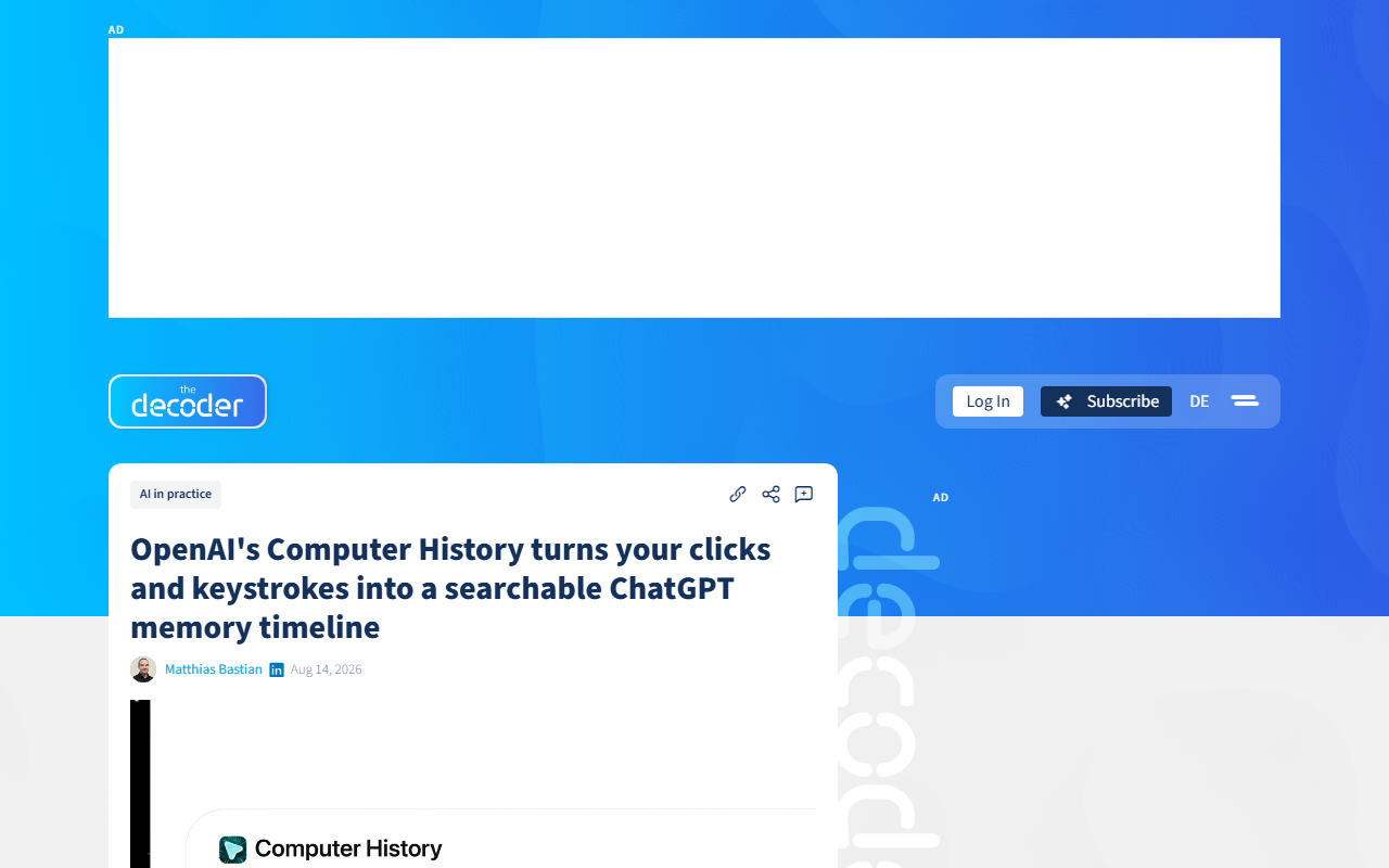 Screenshot of The Decoder's August 14, 2026 report on OpenAI's Computer History logging clicks and keystrokes