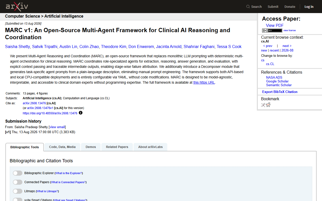 Screenshot of the arXiv abstract for Penn RAIL's open-source MARC v1 clinical-AI framework