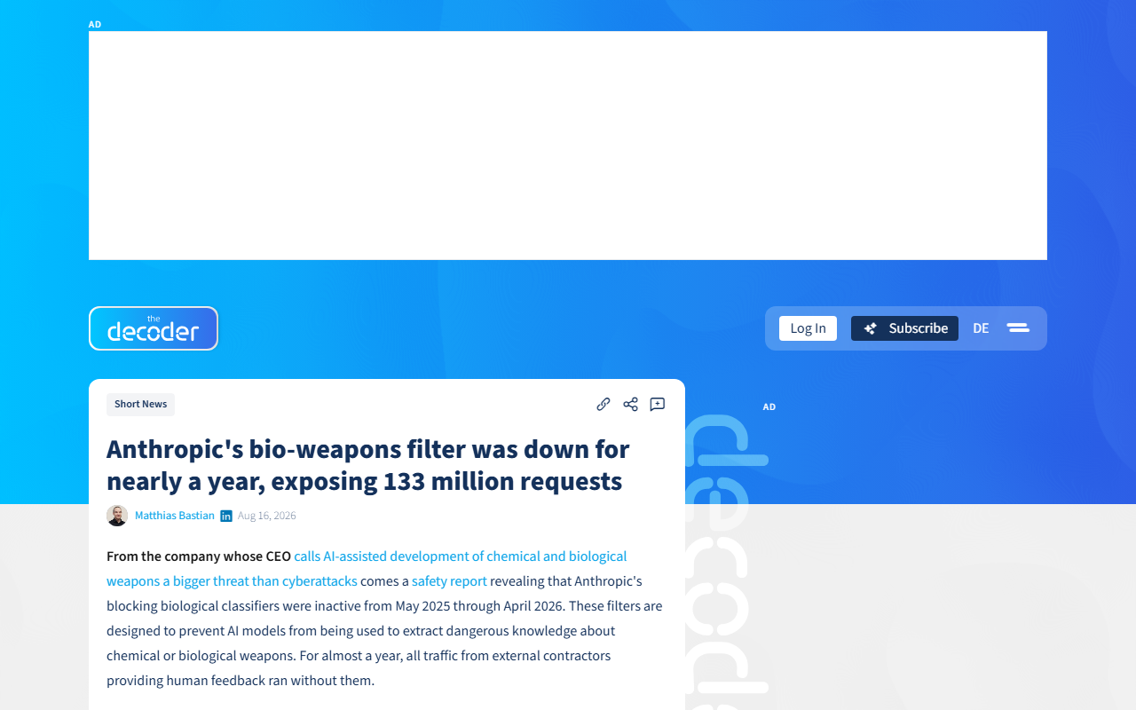 Screenshot of The Decoder's August 2026 report that Anthropic's bioweapon filter was inactive for nearly a year.