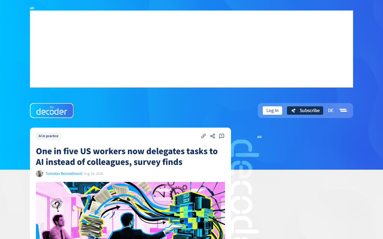 Screenshot of The Decoder's report on the Epoch AI and Ipsos survey of US workers delegating tasks to AI.