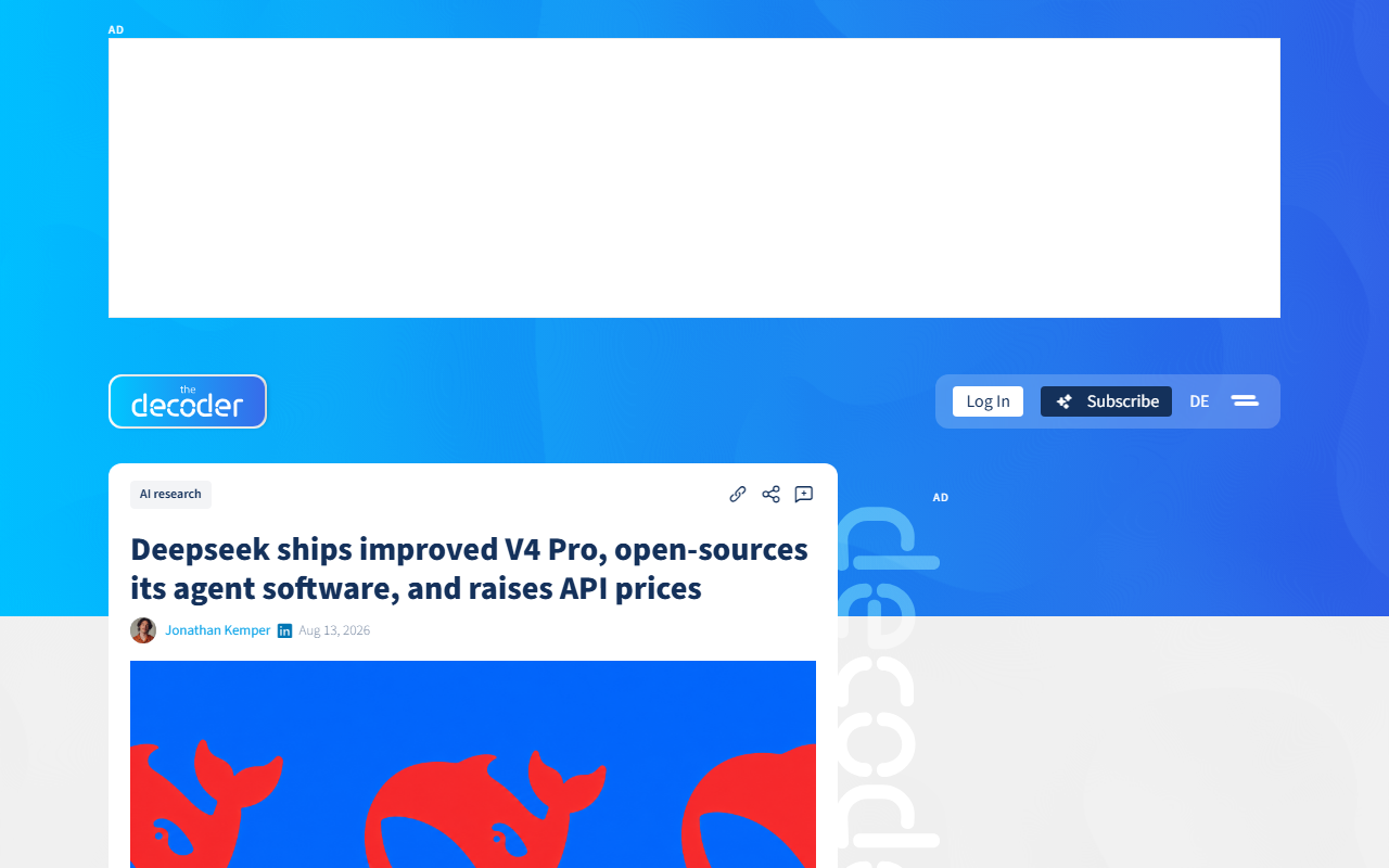 Screenshot of The Decoder's report on DeepSeek's V4-Pro release, open-source Harness, and API price rise.