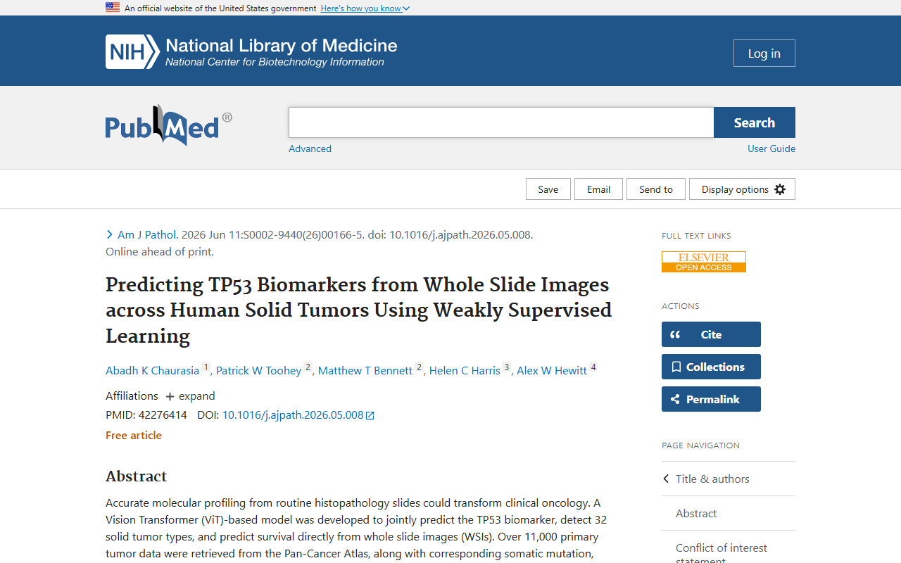 Screenshot of the PubMed record for the American Journal of Pathology study on AI reading H&E slides across 32 cancers.