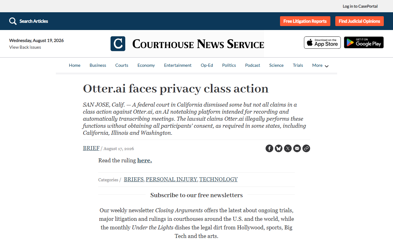 Screenshot of Courthouse News's report that a judge let the Otter.ai notetaker privacy suit proceed.