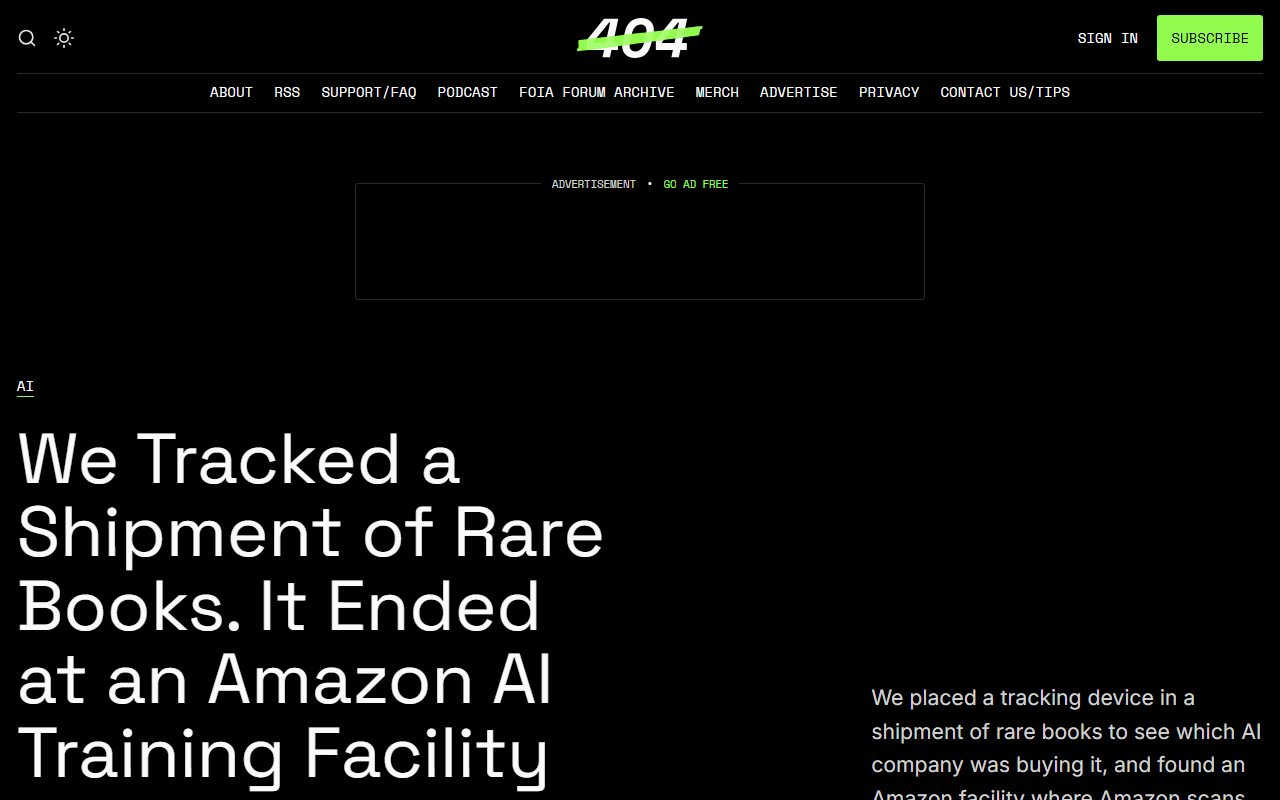 Screenshot of 404 Media's investigation tracking rare books to an Amazon AI-training facility.