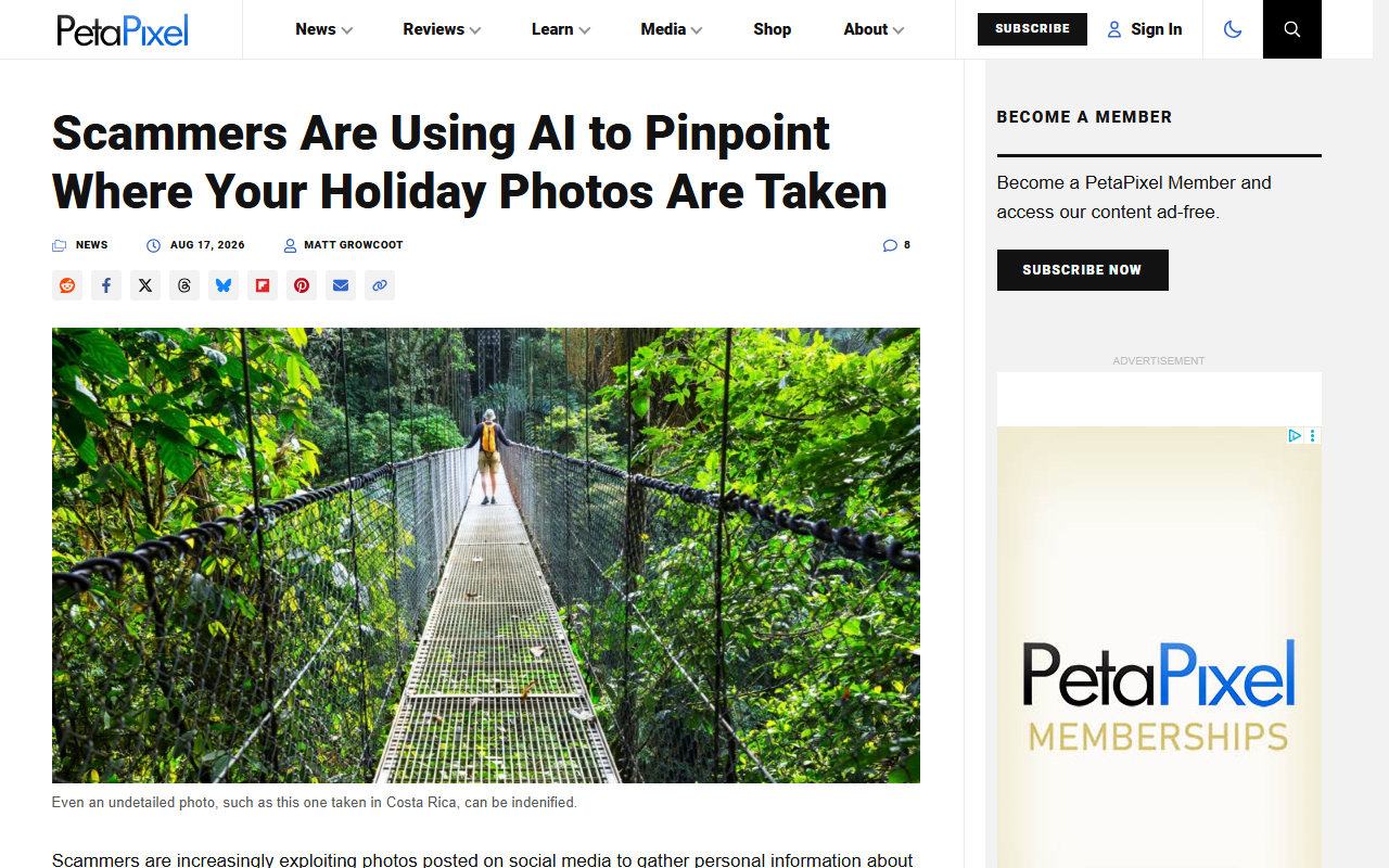 Screenshot of PetaPixel's report on AI geolocating holiday photos for scams.