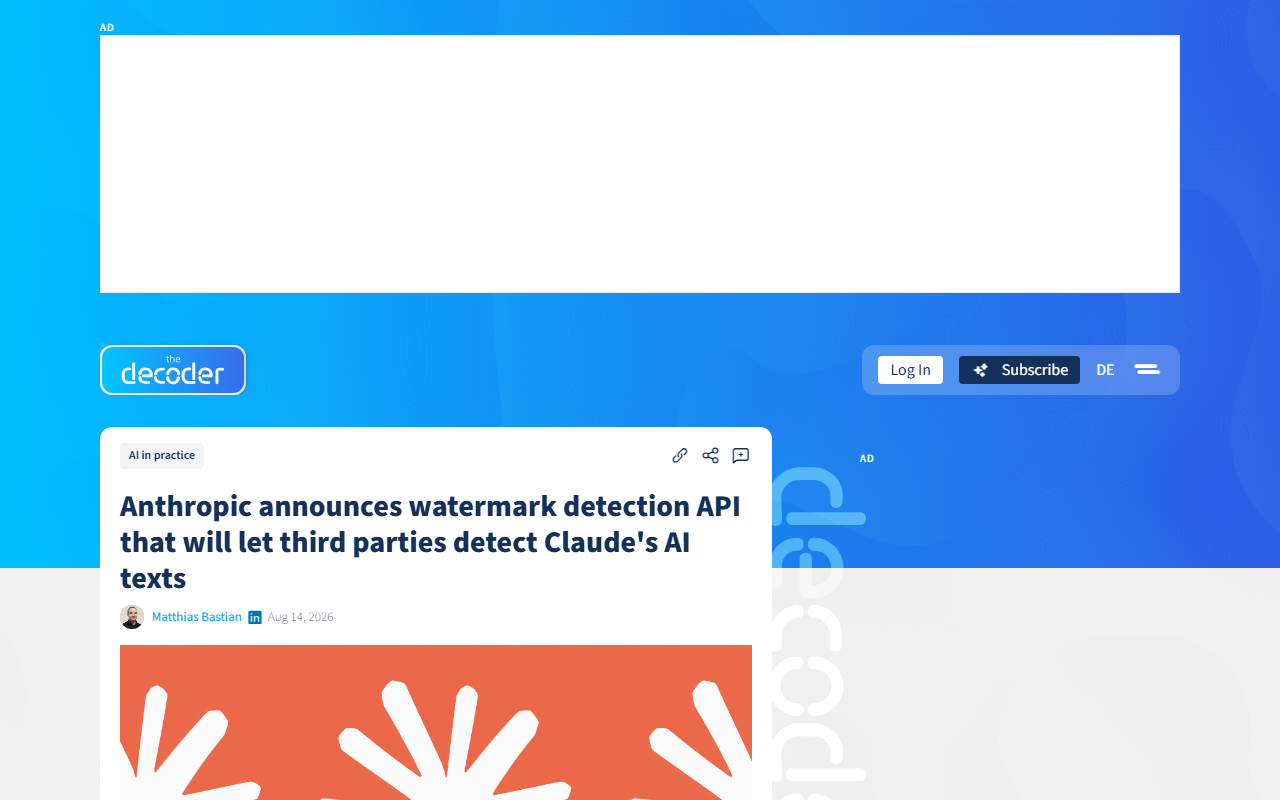 Screenshot of The Decoder's report on Anthropic's Claude text watermark and detection API.